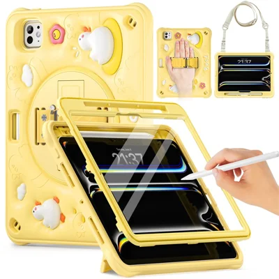 For iPad Pro 11 (2025) / 11 (2024) Case with Shoulder Strap Duck Pattern Hand Strap Kickstand PC+Silicone+TPU Cover
