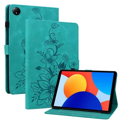 For Xiaomi Redmi Pad SE 4G 8.7 inch Case Lily Flower Imprint Card Slots Leather Tablet Cover - Green