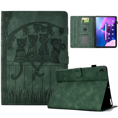 For Lenovo Tab M10 (Gen 3) Case Cats Imprinted PU Leather Card Slots Tablet Cover - Green