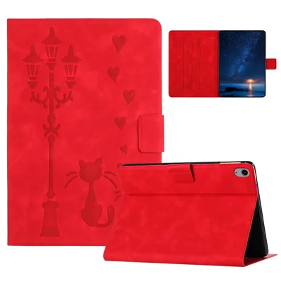 For iPad (2025) / 10.9 (2022) Case Couple Cat Imprinted Microfiber Leather Smart Tablet Cover - Red