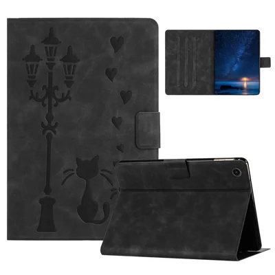 For Samsung Galaxy Tab A11 / A9 Case Couple Cat Imprinted Microfiber Leather Smart Tablet Cover - Black