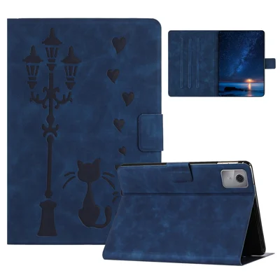 For Lenovo Tab M11 / Xiaoxin Pad 11 2024 TB-330FU Case Couple Cat Imprinted Microfiber Leather Smart Tablet Cover - Blue