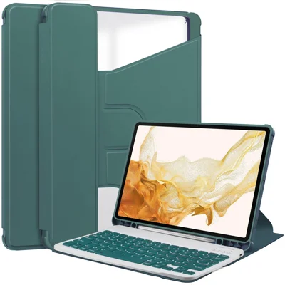 For Samsung Galaxy Tab S10+ Case 360° Rotary Stand PU Leather+Acrylic Tablet Cover (With Keyboard) - Blackish Green