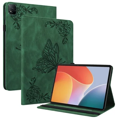 For Infinix Xpad Case Butterfly Flower Imprint PU Leather Tablet Cover with Card Slots - Green