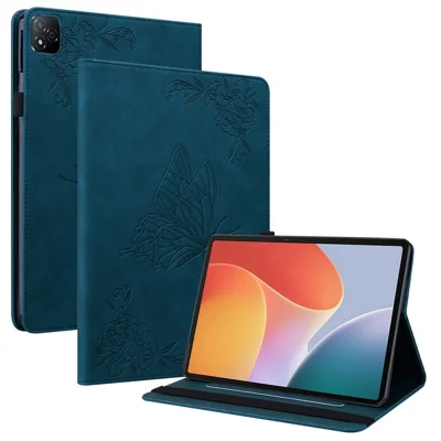 For Infinix Xpad Case Butterfly Flower Imprint PU Leather Tablet Cover with Card Slots - Blue