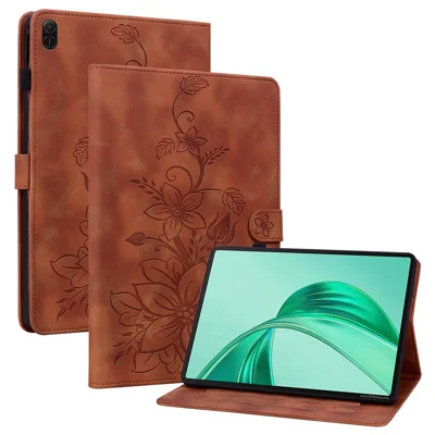 For Honor Pad X8b / Pad X8a Case Lily Flower Imprint Card Slots Leather Tablet Cover - Brown