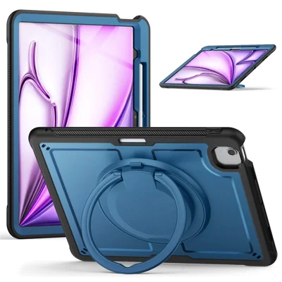 For iPad Air 13 (2026) / (2025) / (2024) Case with Shoulder Strap / Pencil Slot Kickstand PC+TPU Tablet Cover - Navy Blue