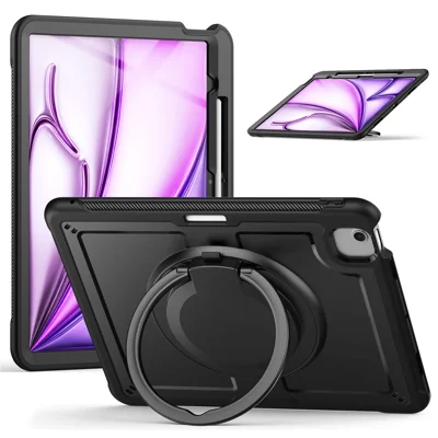 For iPad Air 13 (2026) / (2025) / (2024) Case with Shoulder Strap / Pencil Slot Kickstand PC+TPU Tablet Cover - Black
