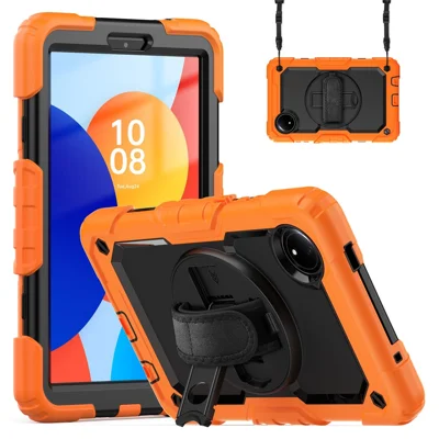 For Xiaomi Redmi Pad SE 4G 8.7 inch Case Hand Strap Kickstand PC+Silicone Tablet Cover with PET Screen Protector - Orange