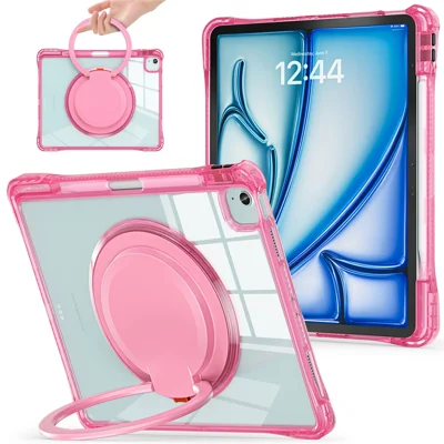 For iPad Air 13 (2026) / (2025) / (2024) / Pro 12.9 (2022) / (2021) / (2020) / (2018) Case Rotary Kickstand PC+TPU+Acrylic Tablet Cover - Rose