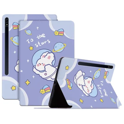 For Samsung Galaxy Tab S8+ / Tab S7+ / Tab S7 FE, Shockproof Case Cartoon Pattern Printed PU Leather Cover Auto Wake / Sleep Tablet Case with Stand - Space Rabbit