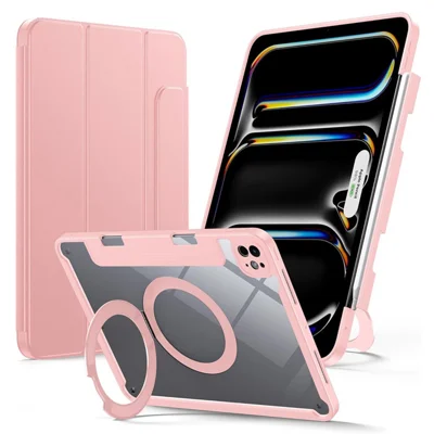 Bulk Purchasing For iPad Pro 13 (2025) / 13 (2024) Case Rotating Kickstand PC + PU Leather Detachable Magnetic Tablet Cover with Pencil Holder - Pink
