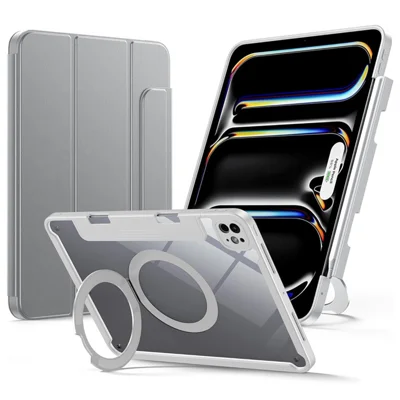 Bulk Purchasing For iPad Pro 11 (2025) / 11 (2024) Case Rotating Kickstand PC + PU Leather Detachable Magnetic Tablet Cover with Pencil Holder - Grey