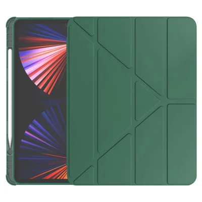 For iPad Pro 11 (2025) / (2024) Case Origami Stand PU Leather+TPU Tablet Cover with Pen Slot - Midnight Green