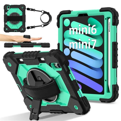 Til iPad mini (2024) / (2021) Taske i silikone+PC med foldbar støtte og håndloe - Sort / Pastelgrøn