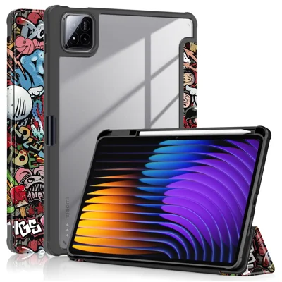 For Xiaomi Pad 7 Pro / Pad 7 Case Tri-Fold Stand Pattern Printing PU Leather Clear Back Cover - Graffiti