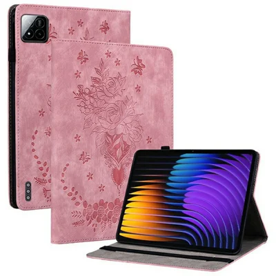 For Xiaomi Poco Pad X1 / Pad 8 Pro / Pad 8 / Pad 7 Pro / Pad 7 Case Card Holder Anti-Scratch Leather Cover Rose Flower Imprint - Pink
