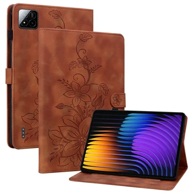 For Xiaomi Poco Pad X1 / Pad 8 Pro / Pad 8 / Pad 7 Pro / Pad 7 Case Lily Flower Imprint Card Slots Leather Tablet Cover - Brown