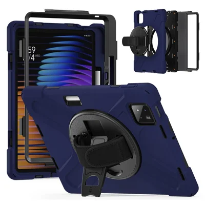 For Xiaomi Pad 9 / Poco Pad X1 / Pad 8 Pro / Pad 8 / Pad 7 Pro / Pad 7 Case Rotary Kickstand PC+Silicone Hand Strap Tablet Cover - Navy Blue