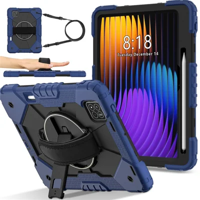For Xiaomi Pad 7 Pro  /  Pad 7 Case Silicone + PC Kickstand Tablet Cover with Handy Strap - Navy Blue  /  Black