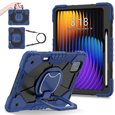 For Xiaomi Pad 7 Pro  /  Pad 7 Case Silicone+PC Kickstand Tablet Cover - Navy Blue  /  Black