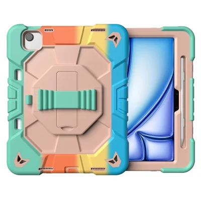 For iPad Air 11 (2026) / (2025) / (2024) Case with Kickstand Wrist Strap PC + Silicone Tablet Cover - Rainbow