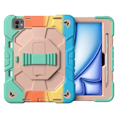 For iPad Pro 11 (2025) / 11 (2024) Case with Kickstand Wrist Strap PC + Silicone Tablet Cover - Rainbow