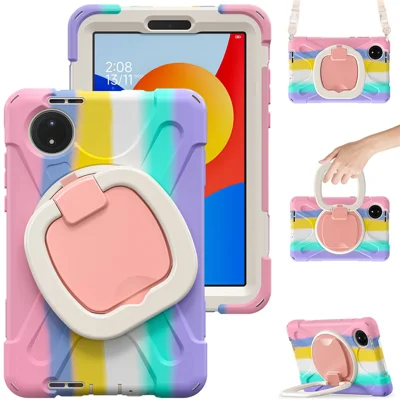 For Xiaomi Redmi Pad SE 4G 8.7 inch Case Kickstand Rugged Tablet Cover with Shoulder Strap - Colorful Pink