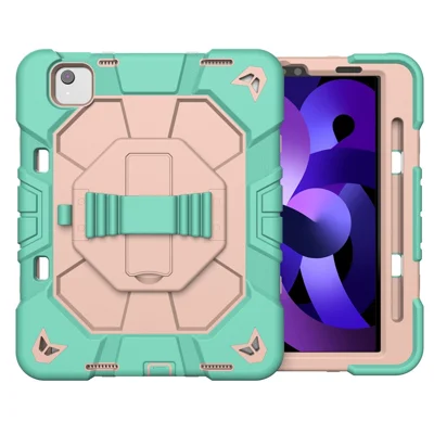 Tablet Case For iPad Air (2022) / (2020) / iPad Pro 11 (2022) / (2021) / (2020) / (2018) PC + Silicone Cover with Kickstand Wrist Strap - Green + Pink