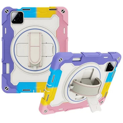 For Xiaomi Pad 9 / Pad 8 / Pad 7 Pro / Pad 7 Kickstand Case Hand Strap PC + Silicone Tablet Cover with Pencil Holder - Colorful Pink