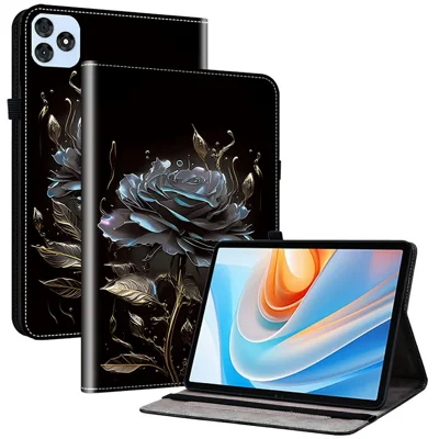 For itel VistaTab 30 Leather Case Pattern Printed Stand Tablet Cover with Card Slots - Black Rose