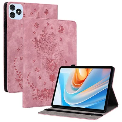 For itel Vistatab 30 Case Card Holder Anti-Scratch Leather Cover Rose Flower Imprint - Pink