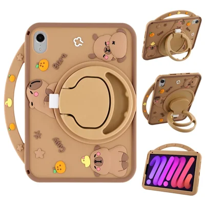 For iPad mini (2024) / (2021) Silicone Case with Handle 360 Degree Rotating Kickstand Protective Cover Capybara Pattern