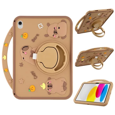 For iPad (2025) / 10.9 (2022) Silicone Case with Handle 360 Degree Rotating Kickstand Protective Cover Capybara Pattern