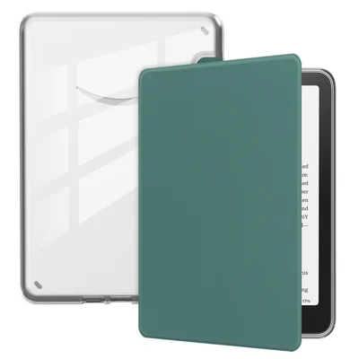 For Amazon Kindle Paperwhite (2024) / Kindle Colorsoft Case Anti Drop PU Leather + TPU + Acrylic Clear Protective Cover - Blackish Green