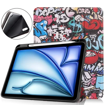 For iPad Air 11 (2026) / (2025) / (2024) Tablet Case Pattern Printing Tri-Fold Stand Leather + TPU Cover with Pen Holder - Graffiti