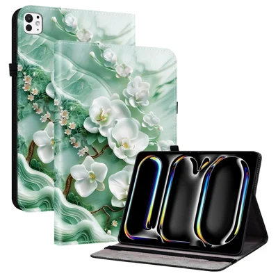 For iPad Pro 11 (2025) / 11 (2024) Leather Case Pattern Printed Stand Tablet Cover with Card Slots - Jade Flower