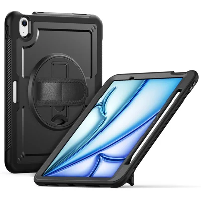 For iPad Air 11 (2026) / (2025) / (2024) Case Kickstand PC + TPE Tablet Cover with Hand Strap and Shoulder Strap - Black