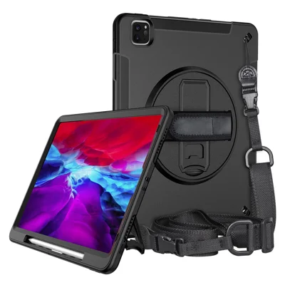 Kickstand Case for iPad Air 13 (2026) / (2025) / (2024) / Pro 12.9 (2022) / (2021) / (2020) / (2018) PC + TPU Tablet Cover with Shoulder Strap - Black