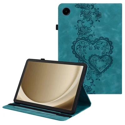 For Samsung Galaxy Tab A11+ / A9+ Leather Case Heart Imprint Foldable Stand Card Slot Stylus Holder Tablet Cover - Green