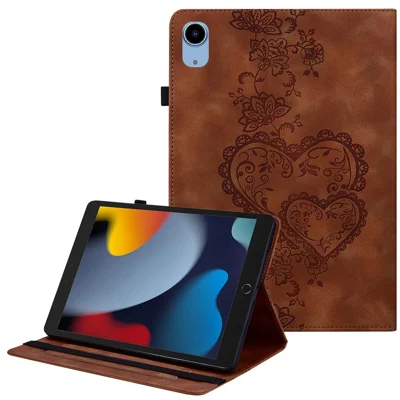 Leather Case For iPad 10.2 (2021) / (2020) / (2019) / Air 10.5 inch (2019) Heart Imprint Foldable Stand Card Slot Stylus Holder Tablet Cover - Brown