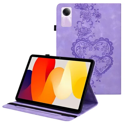 For Xiaomi Redmi Pad SE Leather Case Heart Imprint Foldable Stand Card Slot Stylus Holder Tablet Cover - Purple