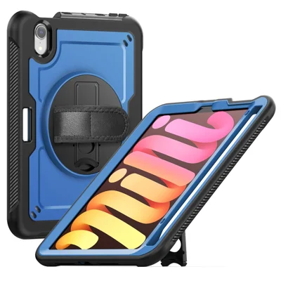 لـ iPad mini (2024) / (2021) غطاء واقي بمسند وحزام يد من مادة PC وTPE - أزرق داكن