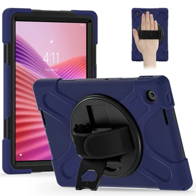 For Lenovo Tab 10.1 (2025) TB311XU / Zhaoyang K10C Case Rotary Kickstand PC+Silicone Hand Strap Tablet Cover - Navy Blue
