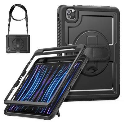 Tablet Case For iPad Air (2022)  /  (2020)  /  Pro 11 (2022)  /  (2021)  /  (2020)  /  (2018) PC + TPE Cover with Hand Strap and Shoulder Strap - Black