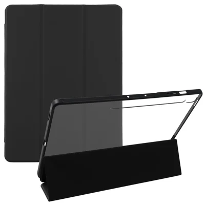 For Samsung Galaxy Tab S10 FE+ Case Skin-Touch Tri-Fold Stand PU Leather TPU Acrylic Clear Tablet Cover - Black