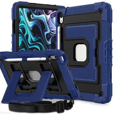 For iPad (2025) / iPad 10.9 (2022) Case with Kickstand Strap Anti Drop PC + Silicone Tablet Cover - Navy Blue / Black