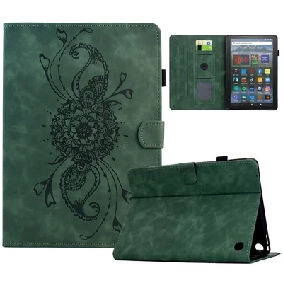 For Amazon Fire 7 (2022) Case Mandala Imprinted Leather Tablet Cover with Card Slots - Green