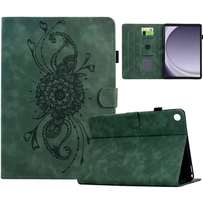 For Samsung Galaxy Tab A9 Case Mandala Imprinted Leather Tablet Cover with Card Slots - Green