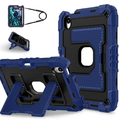 For iPad mini (2024) / (2021) Case with Kickstand Strap Pen Slot Anti Drop PC + Silicone Tablet Cover - Navy Blue / Black